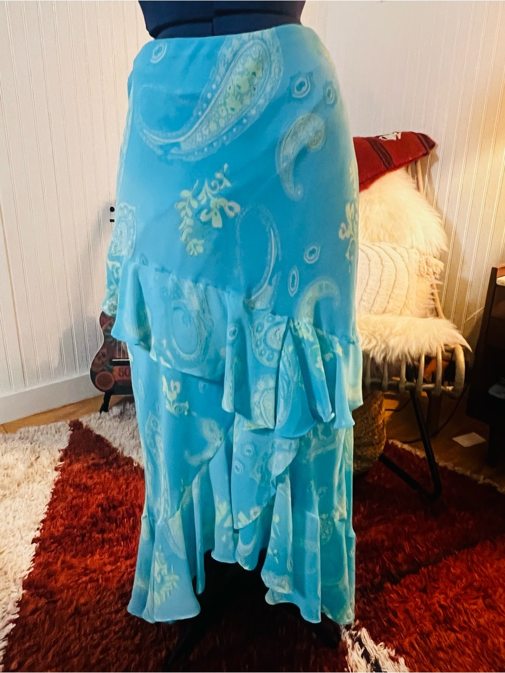 VTG Turquoise Paisley Ruffle Maxi Skirt - Women